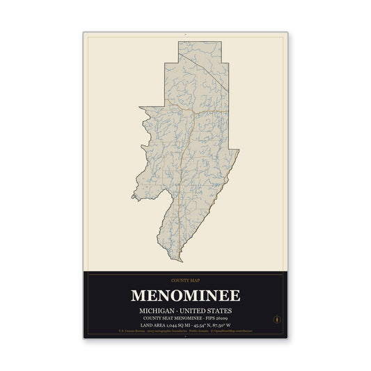 Menominee County, Michigan Map Aluminum Sign in Museum Plaque style