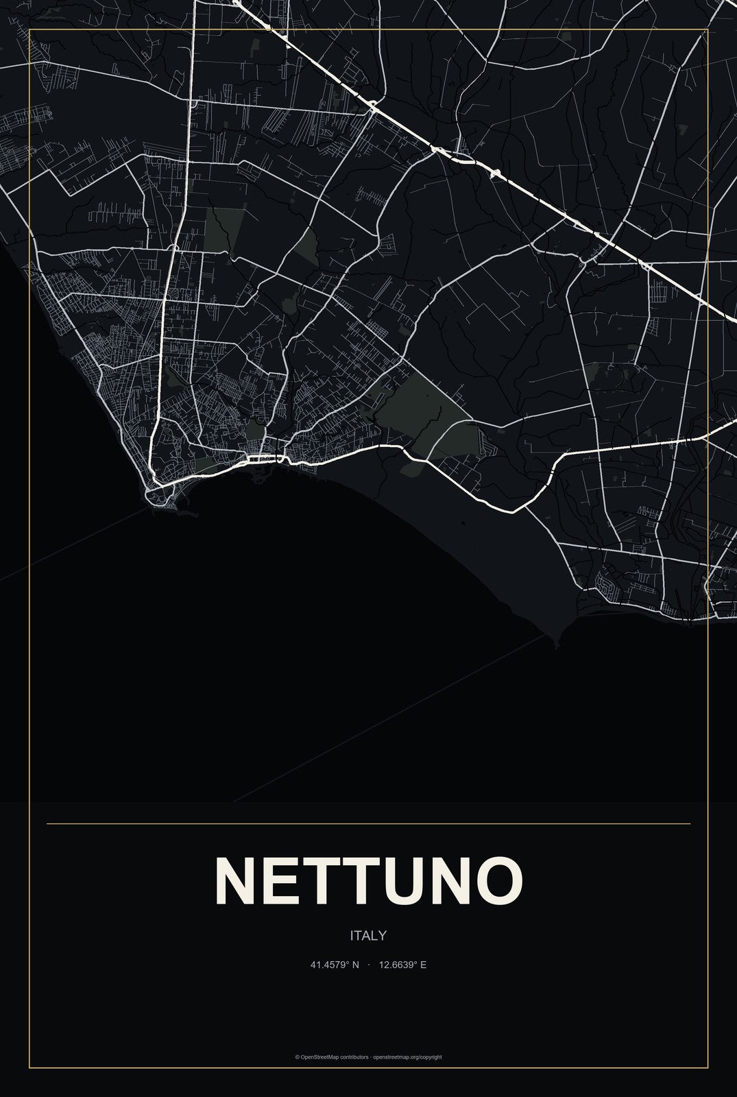 Nettuno, Italy City Map Aluminum Sign in Metropolitan Noir style