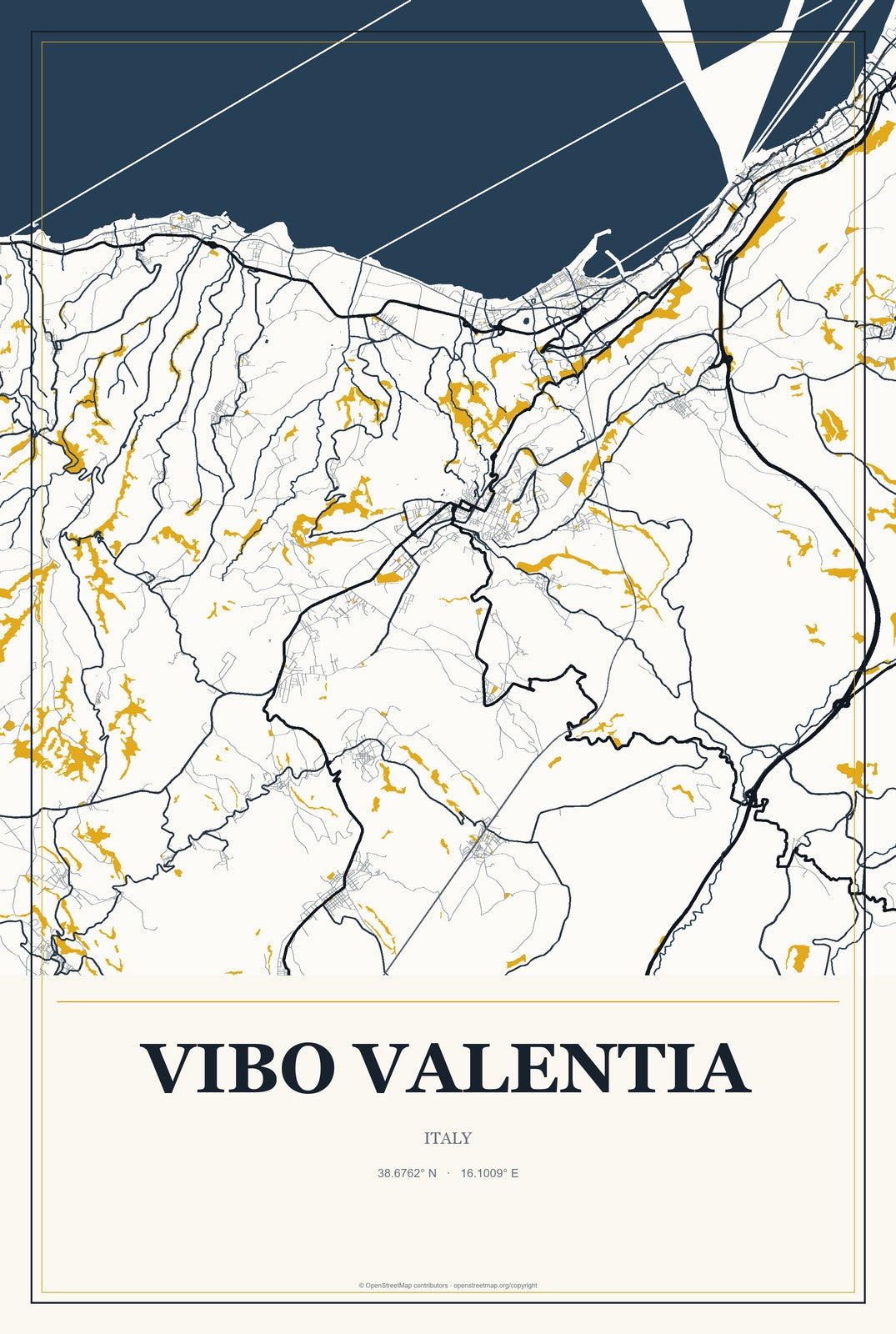 Vibo Valentia, Italy City Map Aluminum Sign in Citrine Modern style