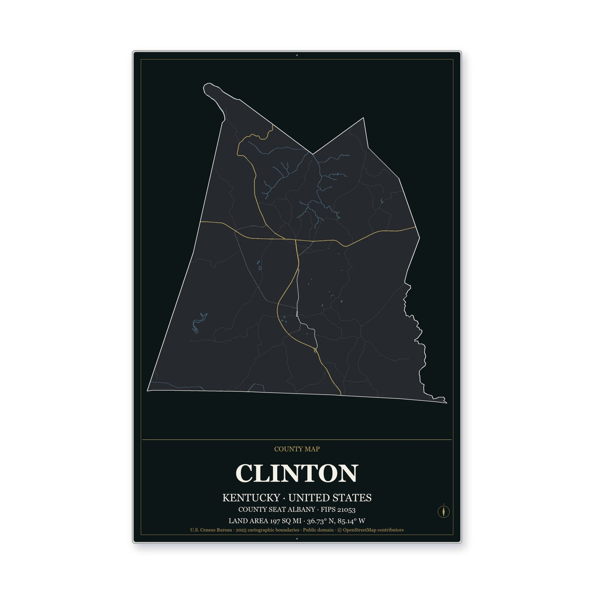 Clinton County, Kentucky Map Aluminum Sign in Metropolitan Noir style