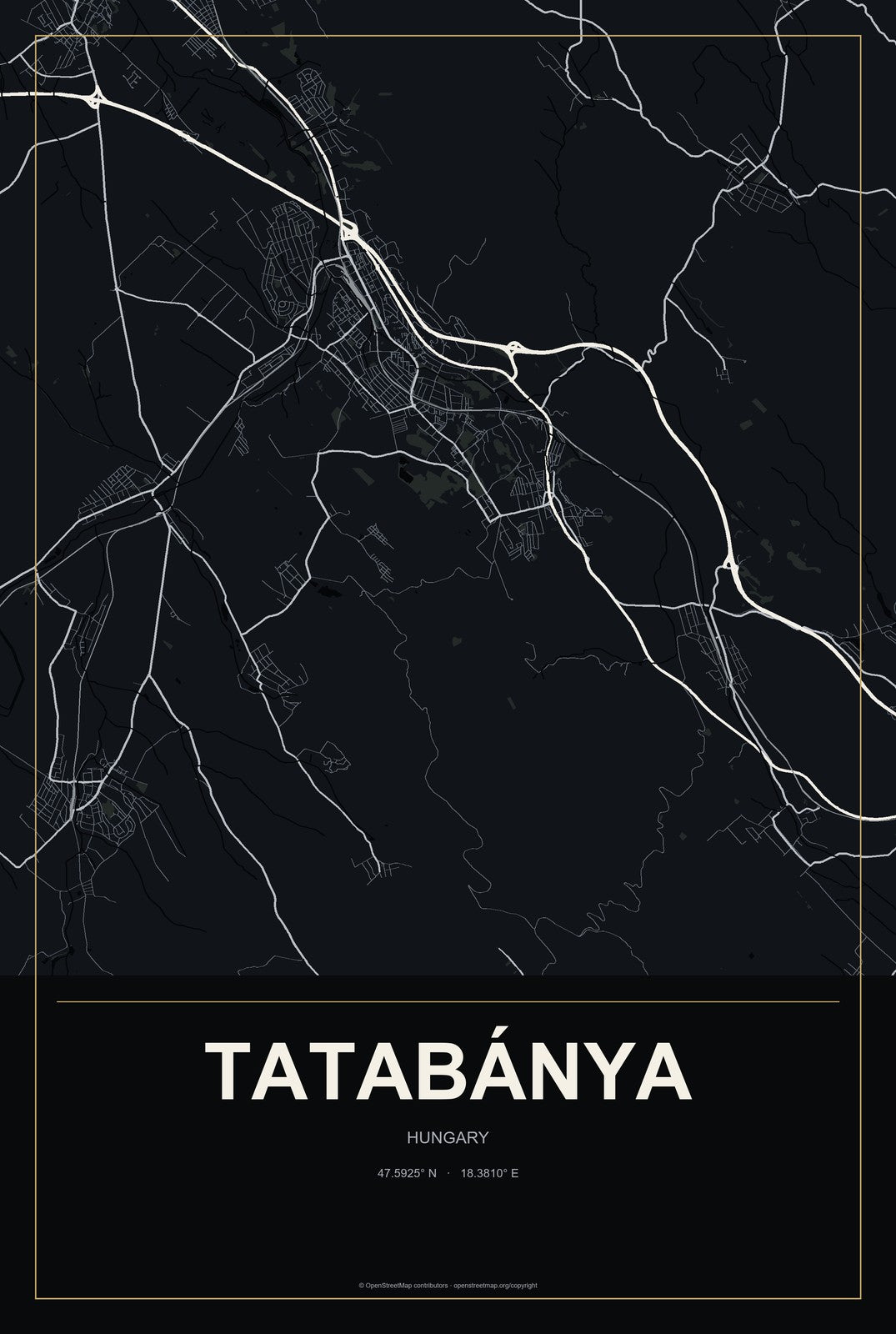 Tatabánya, Hungary City Map Aluminum Sign in Metropolitan Noir style