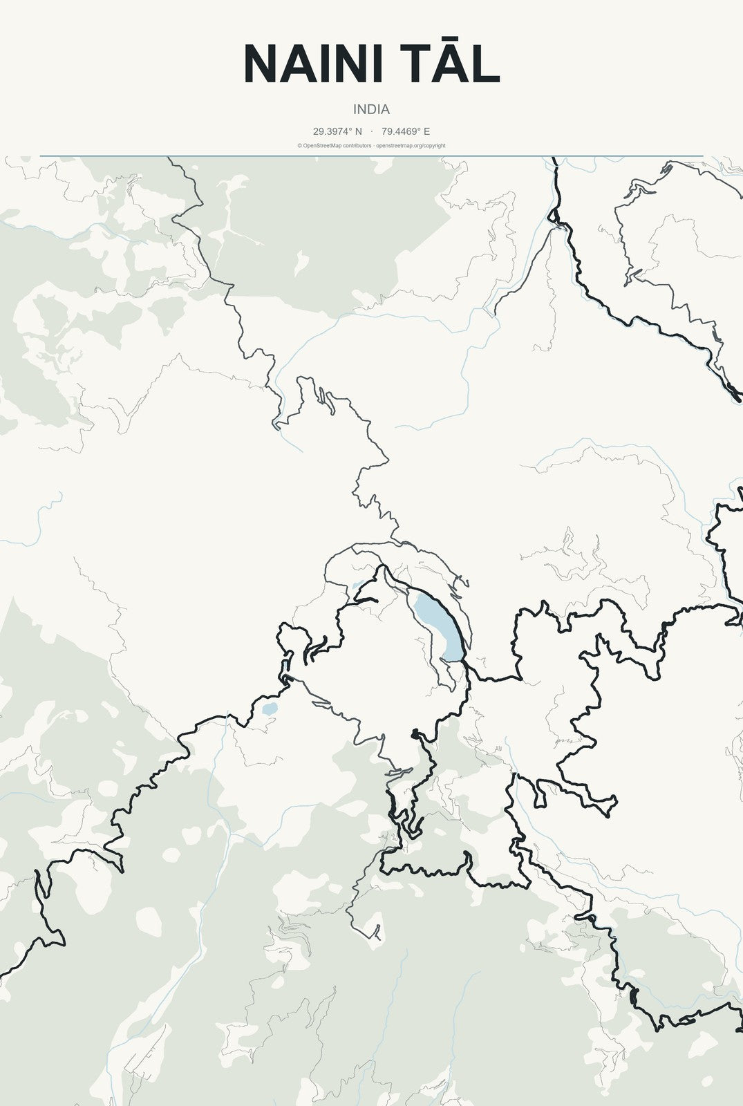 Naini Tāl, India City Map Aluminum Sign in Headline Atlas style