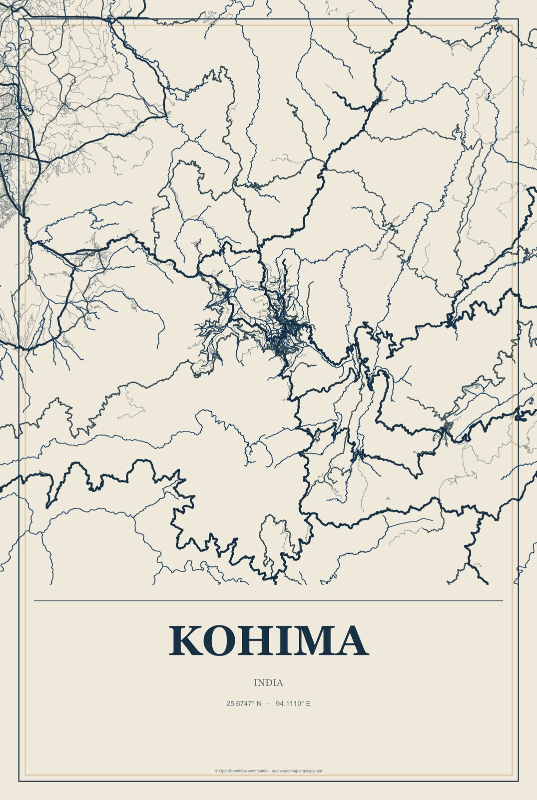 Kohima, India City Map Aluminum Sign in Coastal Cutout style