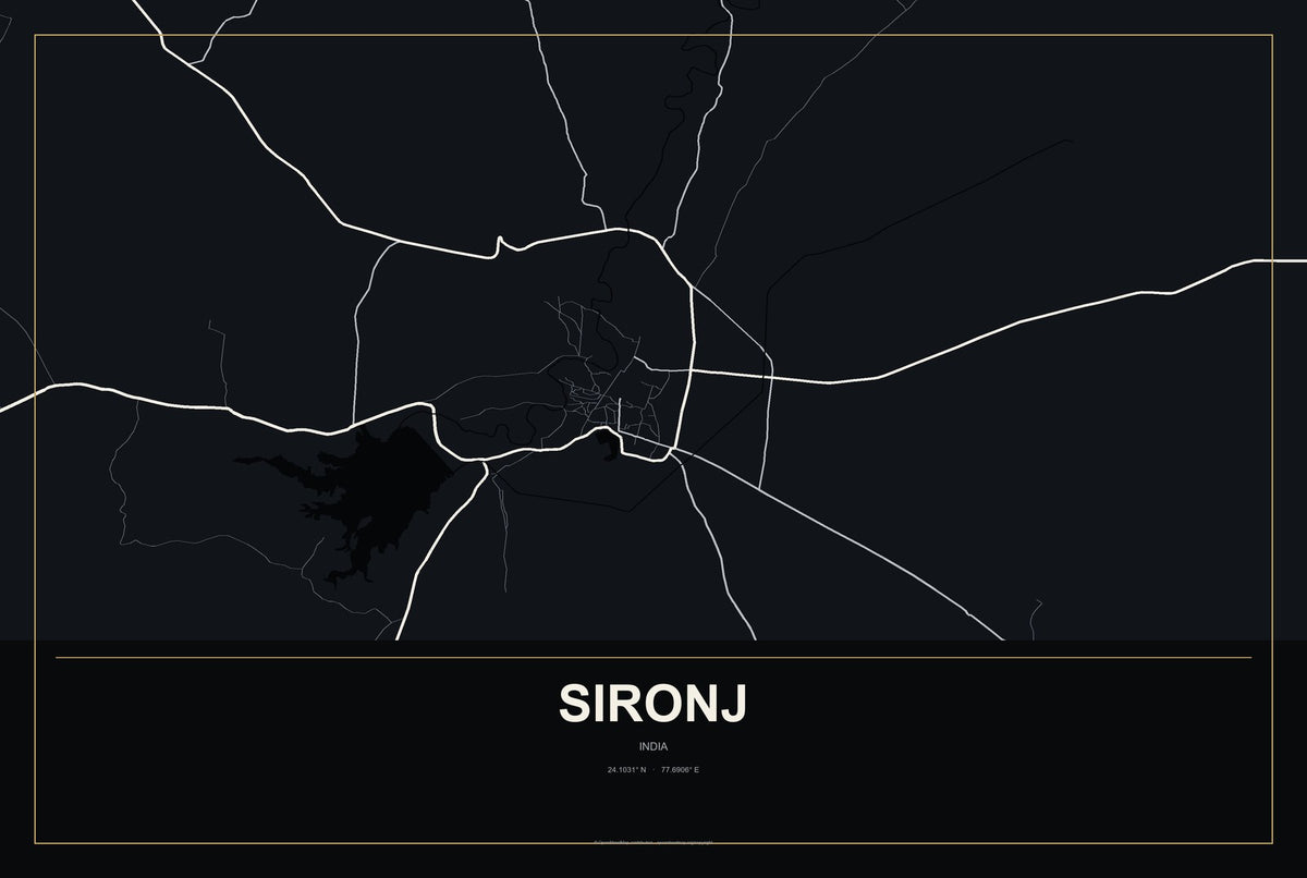 Sironj, India City Map Aluminum Sign in Metropolitan Noir style