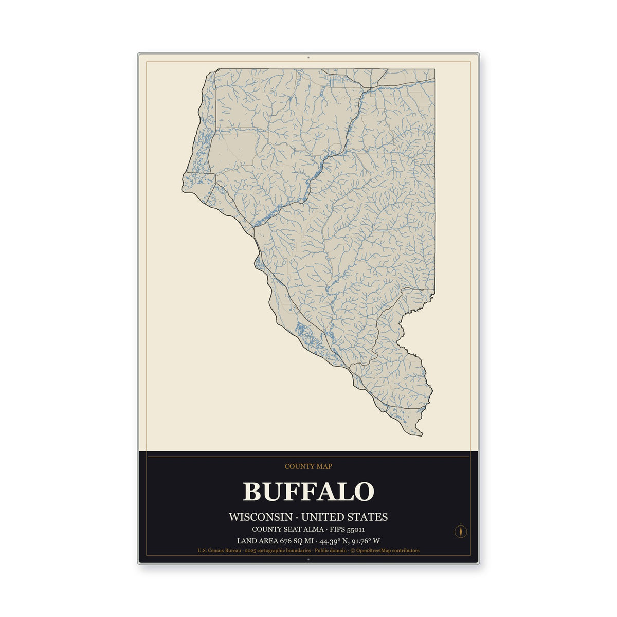 Buffalo County, Wisconsin Map Aluminum Sign in Museum Plaque style