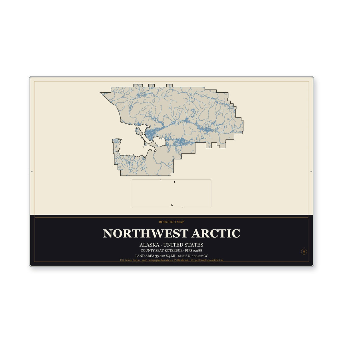 Northwest Arctic Borough, Alaska Map Aluminum Sign in Museum Plaque style