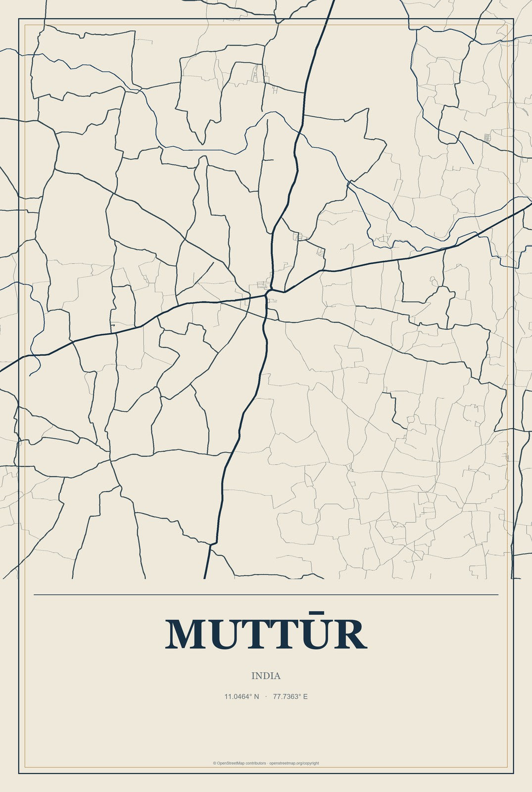 Muttūr, India City Map Aluminum Sign in Coastal Cutout style