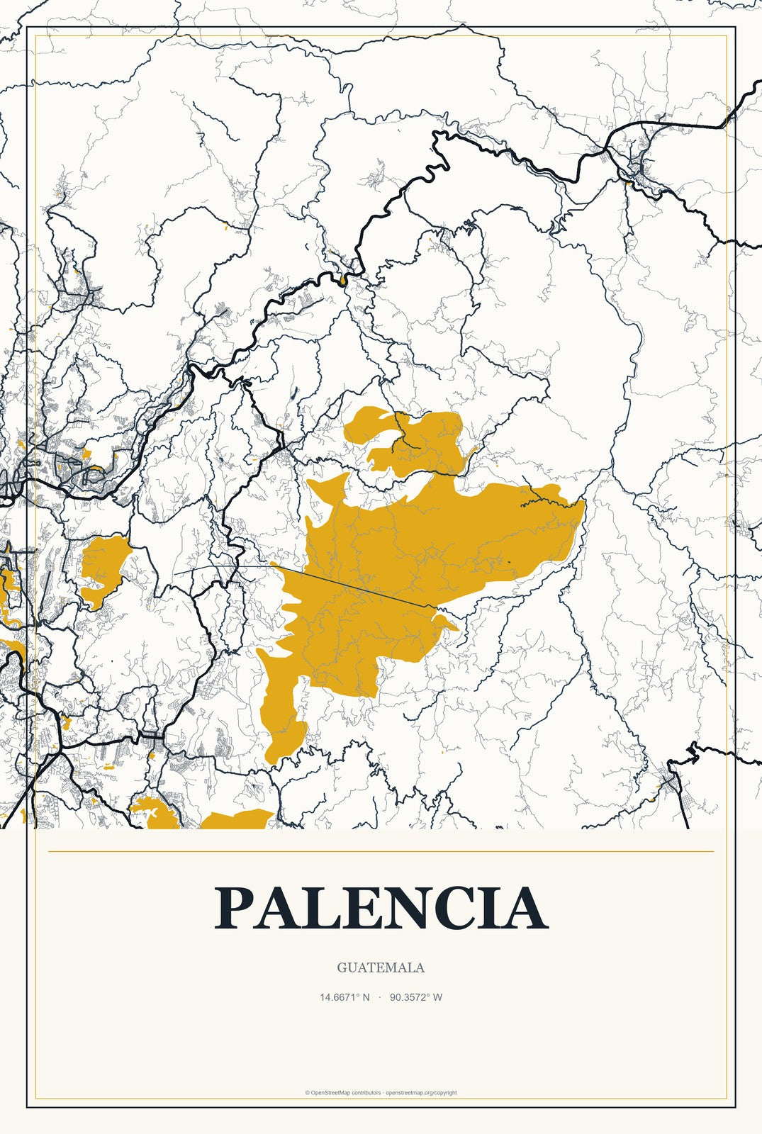 Palencia, Guatemala City Map Aluminum Sign in Citrine Modern style