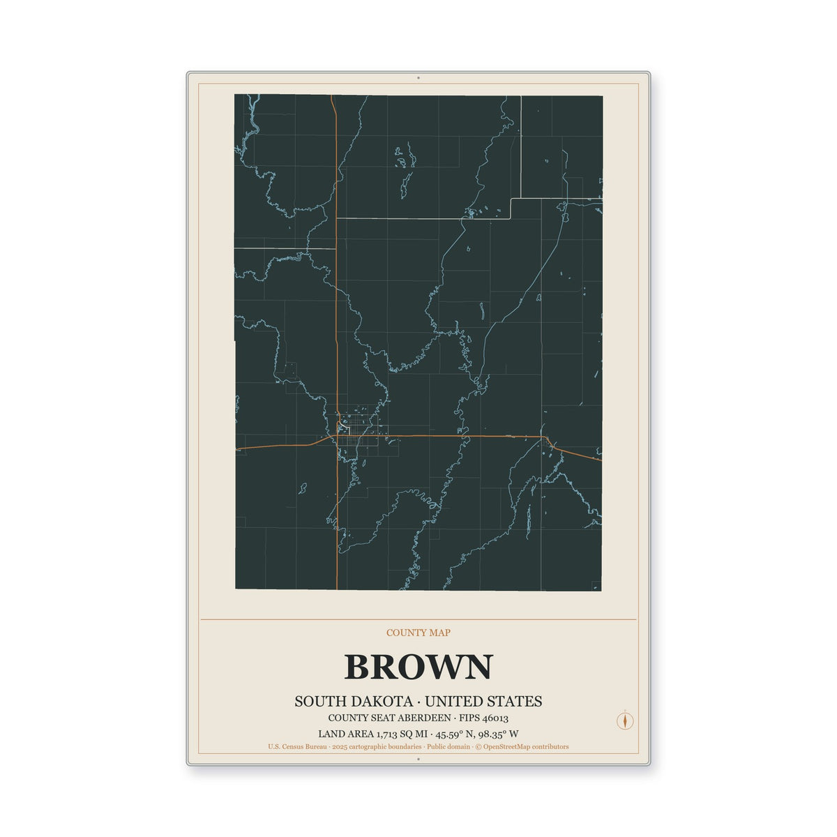 Brown County, South Dakota Map Aluminum Sign in Headline Atlas style
