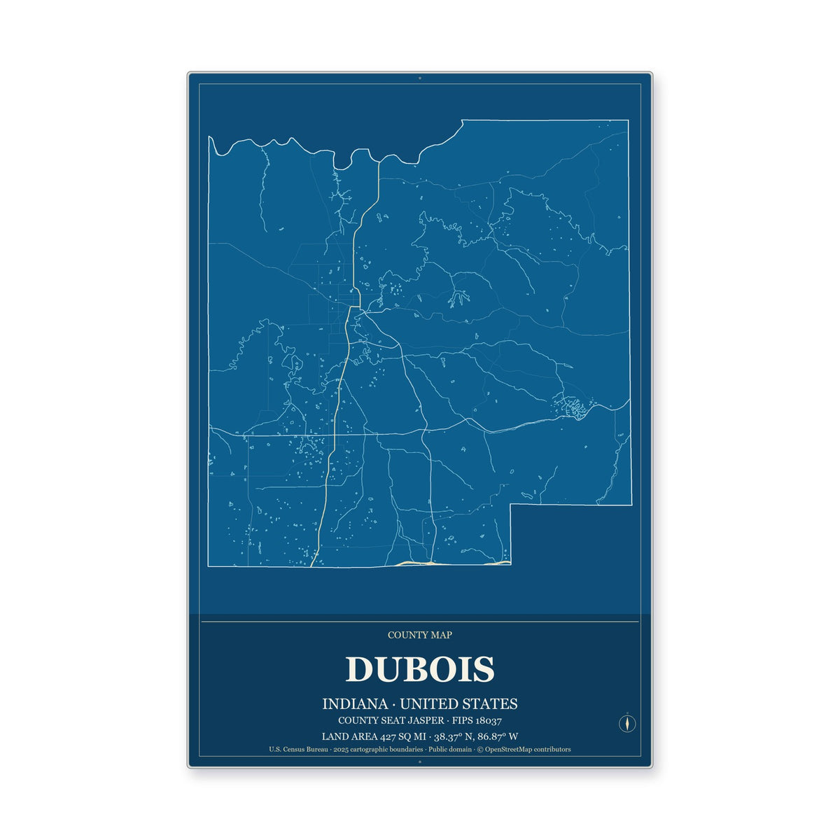 Dubois County, Indiana Map Aluminum Sign in Harbor Cobalt style