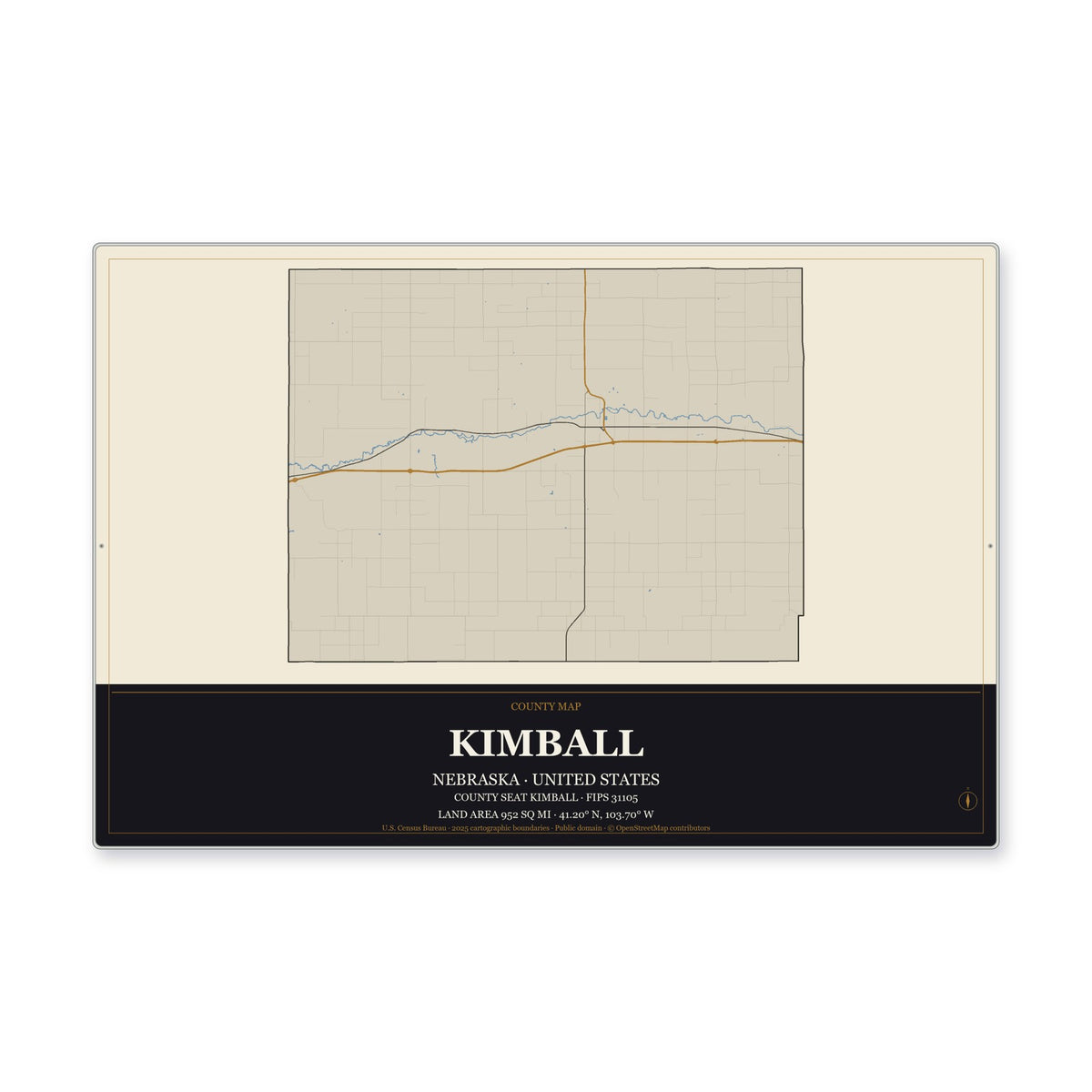 Kimball County, Nebraska Map Aluminum Sign in Museum Plaque style