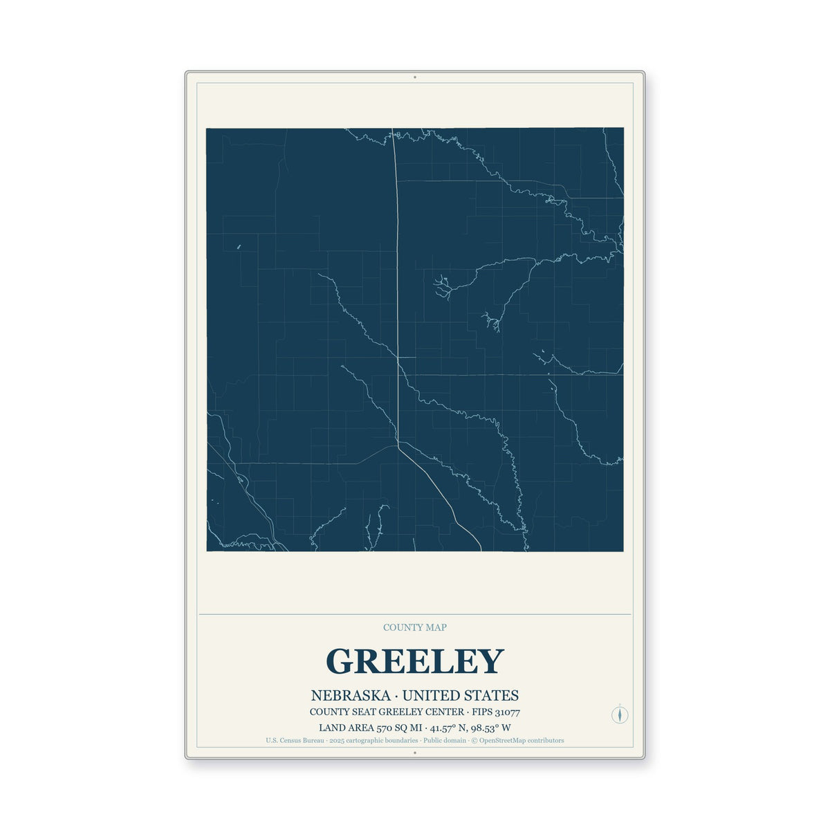 Greeley County, Nebraska Map Aluminum Sign in Coastal Cutout style