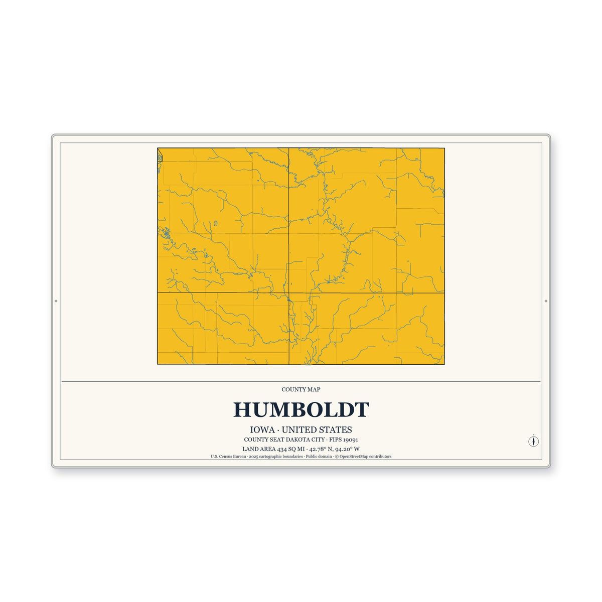Humboldt County, Iowa Map Aluminum Sign in Citrine Modern style