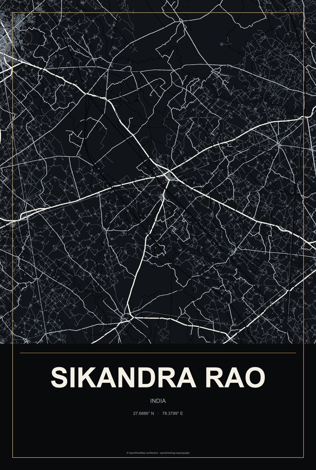 Sikandra Rao, India City Map Aluminum Sign in Metropolitan Noir style