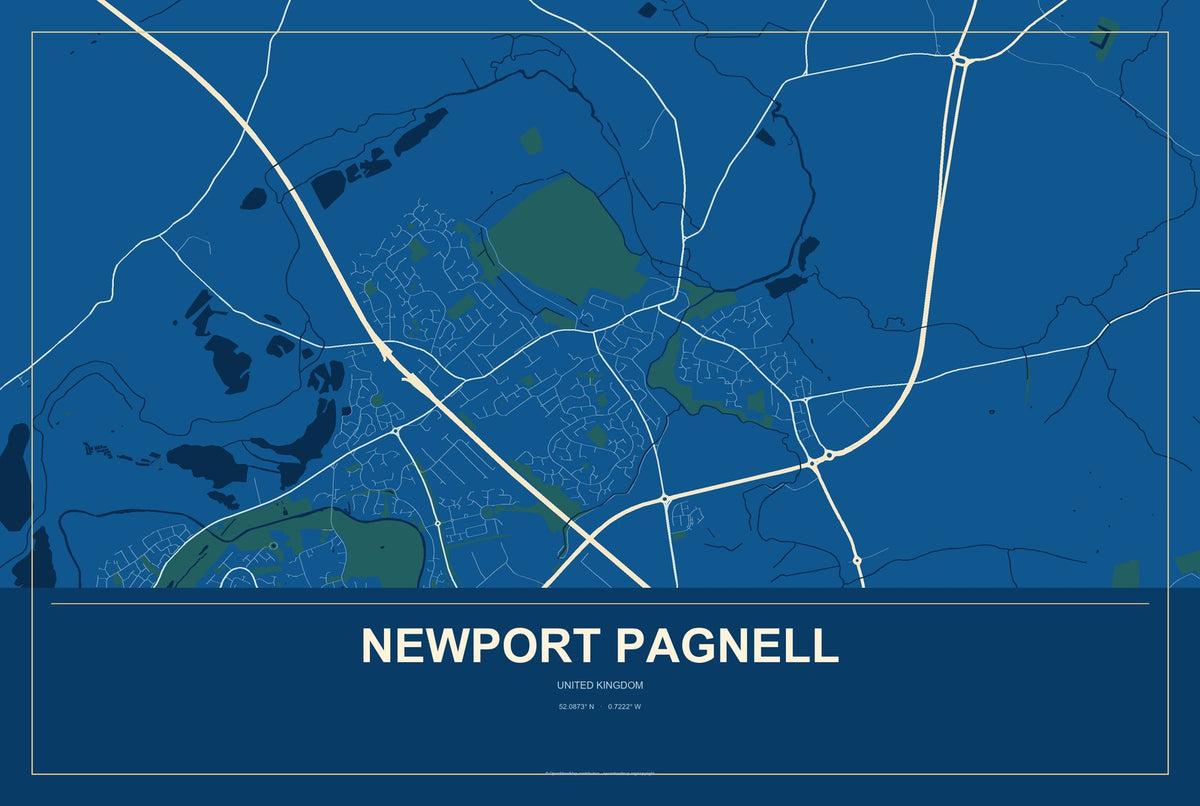 Newport Pagnell, United Kingdom City Map Aluminum Sign in Harbor Cobalt style