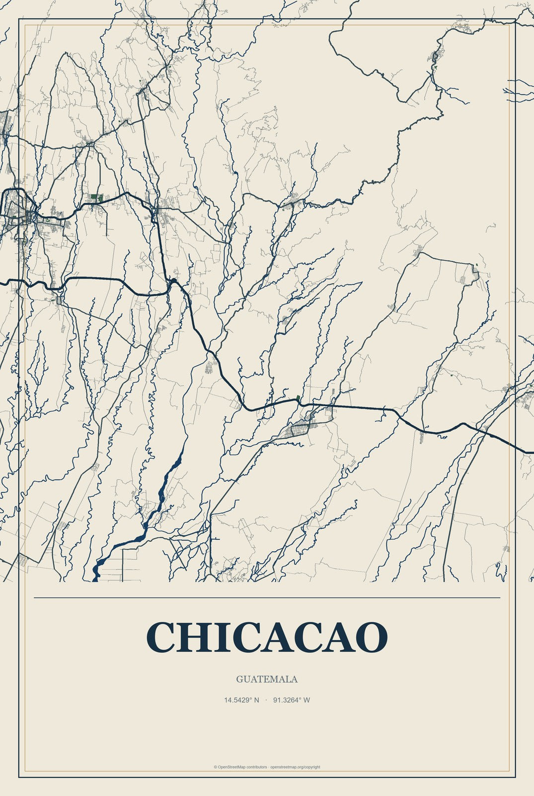 Chicacao, Guatemala City Map Aluminum Sign in Coastal Cutout style