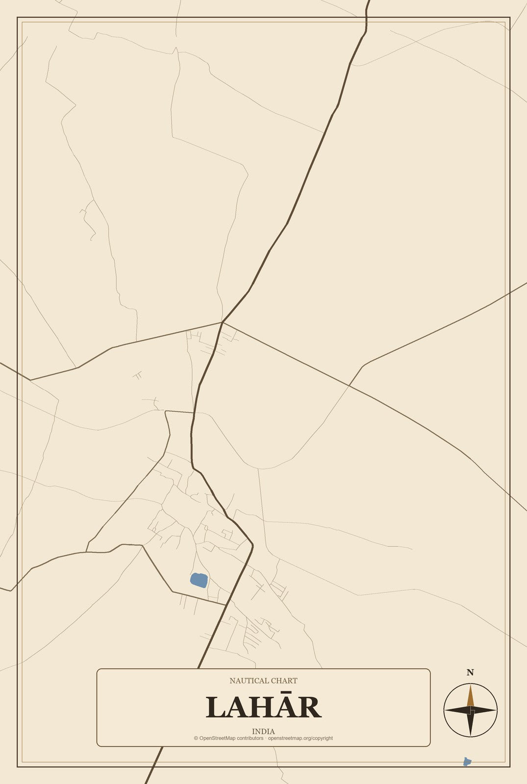 Lahār, India City Map Aluminum Sign in Heritage Nautical style