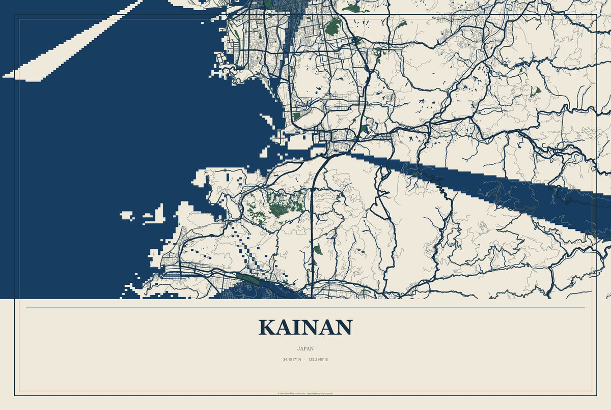 Kainan, Japan City Map Aluminum Sign in Coastal Cutout style