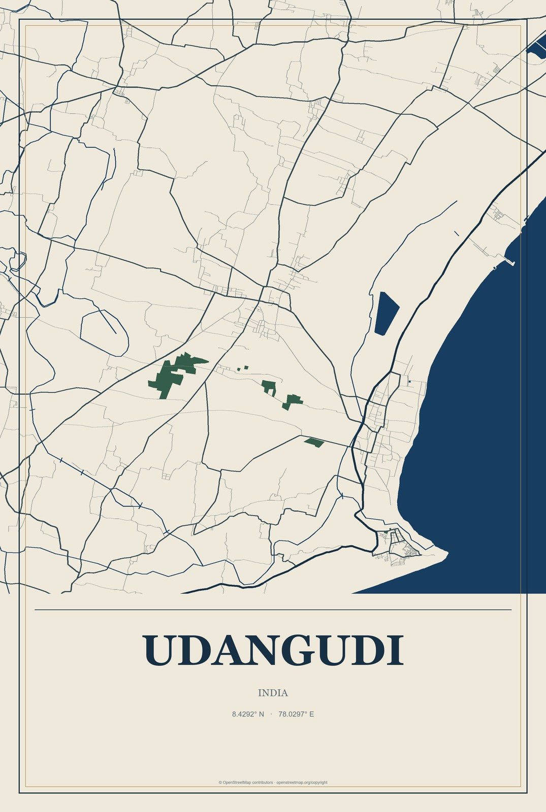 Udangudi, India City Map Aluminum Sign in Coastal Cutout style