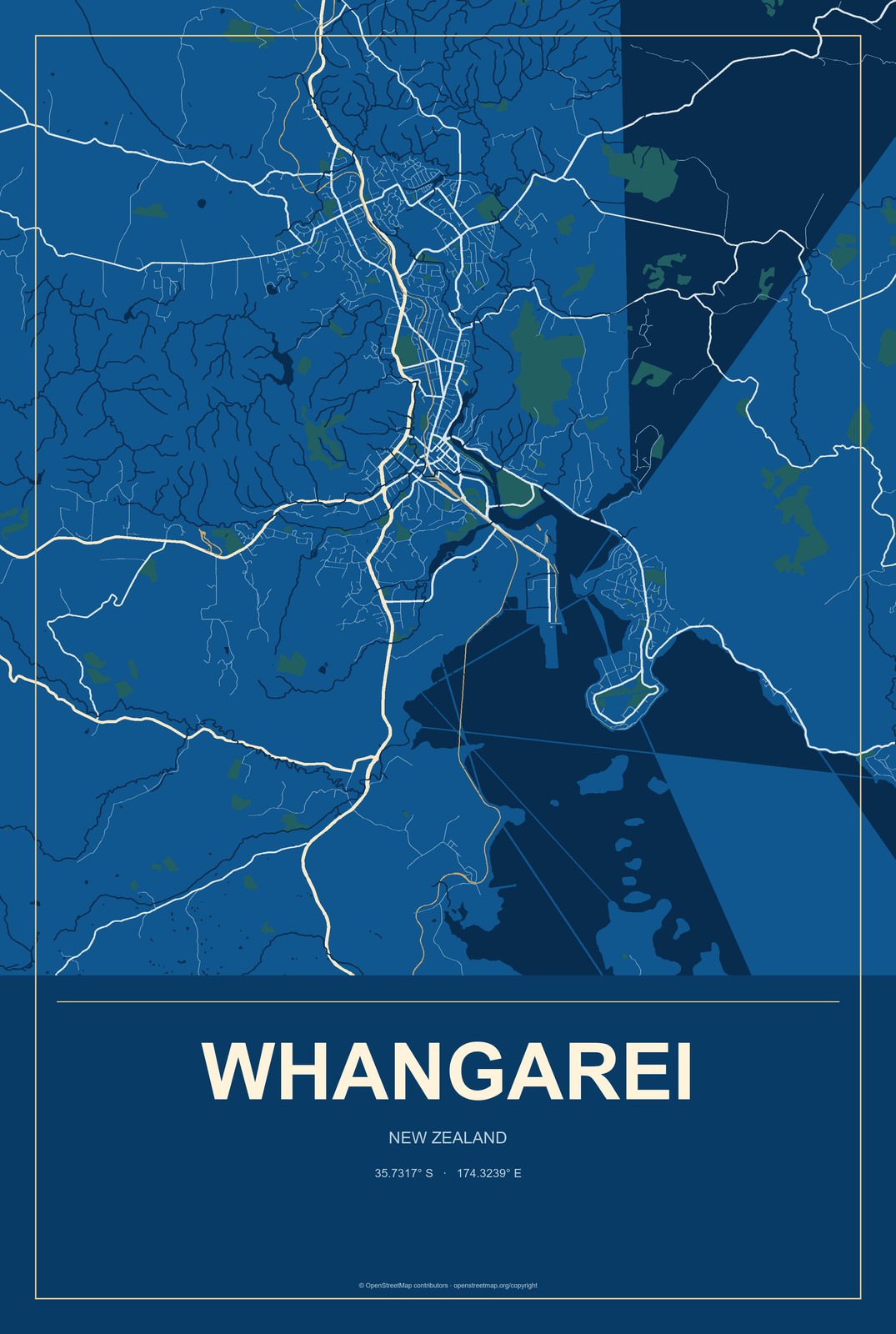 Whangarei, New Zealand City Map Aluminum Sign in Harbor Cobalt style