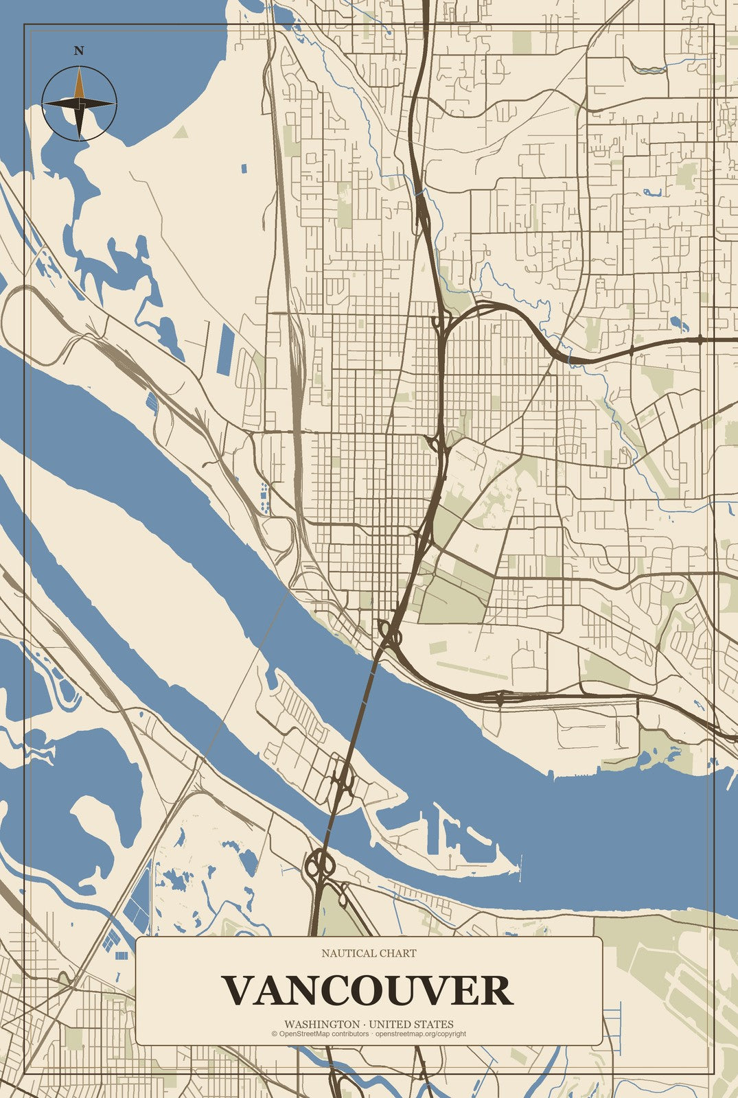 Vancouver, Washington City Map Aluminum Sign in Heritage Nautical style