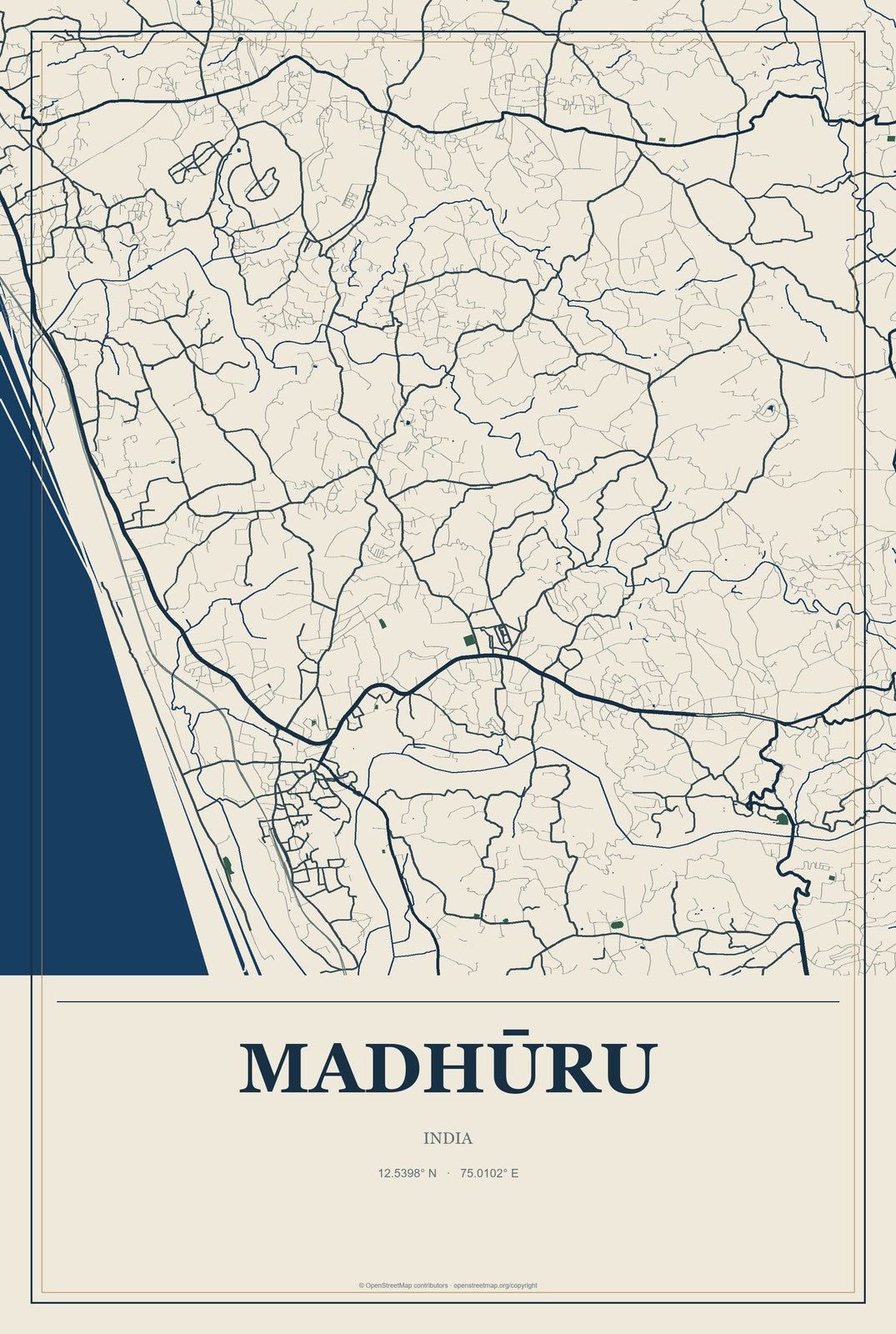 Madhūru, India City Map Aluminum Sign in Coastal Cutout style
