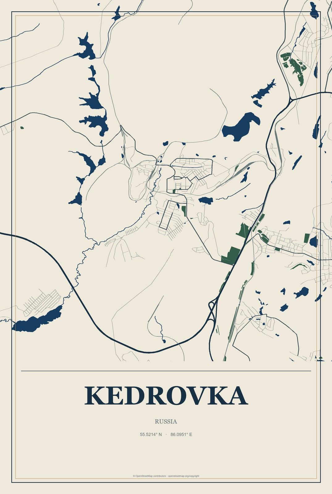 Kedrovka, Russia City Map Aluminum Sign in Coastal Cutout style