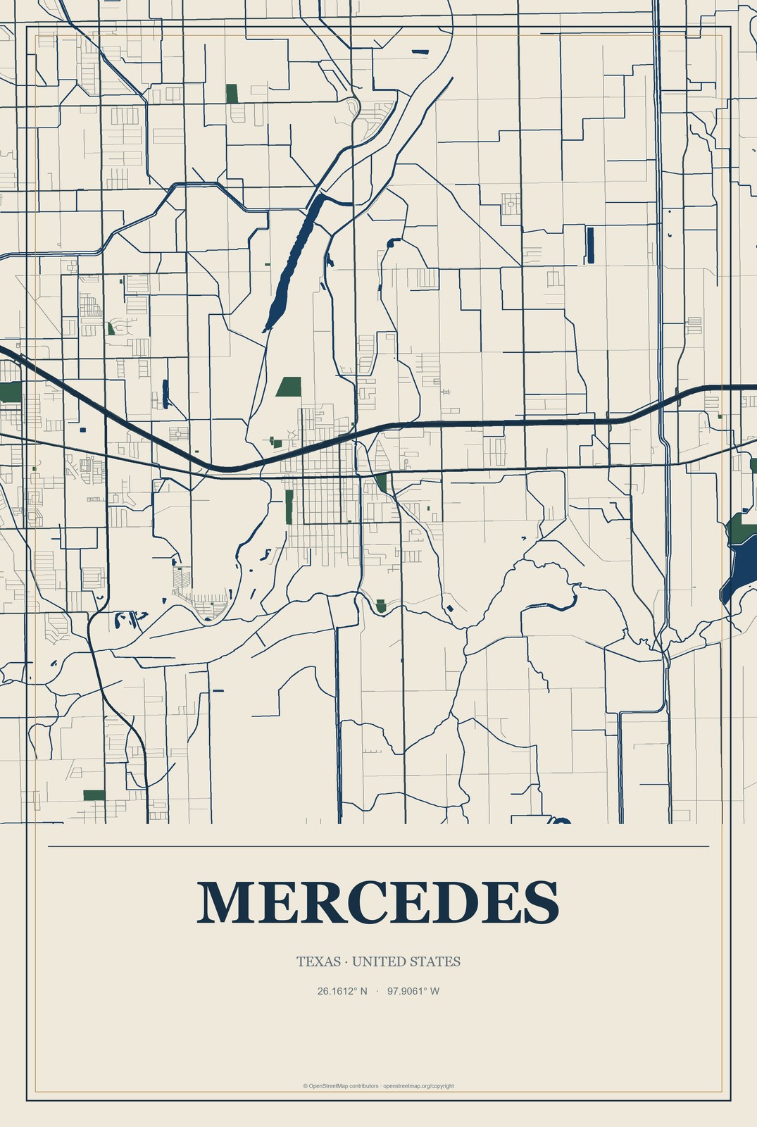 Mercedes, Texas City Map Aluminum Sign in Coastal Cutout style