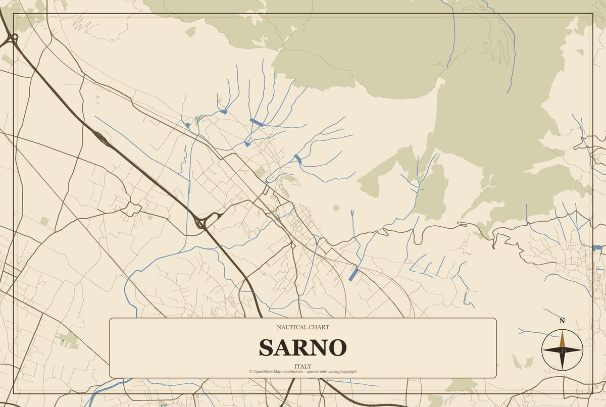 Sarno, Italy City Map Aluminum Sign in Heritage Nautical style