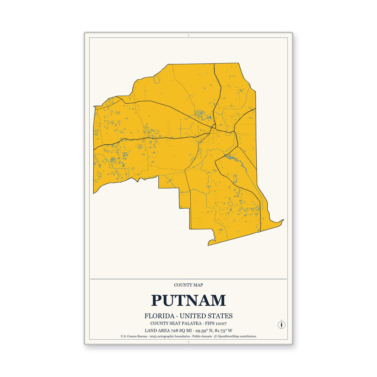Putnam County, Florida Map Aluminum Sign in Citrine Modern style