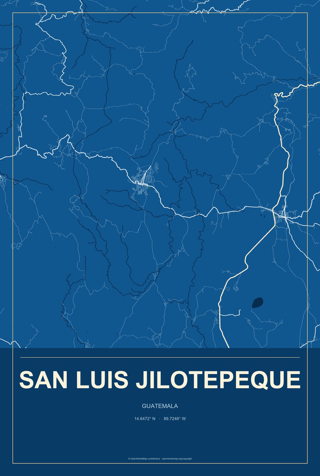 San Luis Jilotepeque, Guatemala City Map Aluminum Sign in Harbor Cobalt style