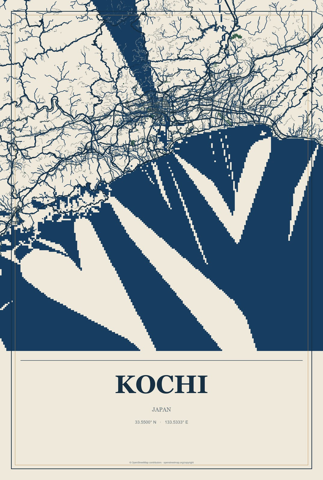 Kochi, Japan City Map Aluminum Sign in Coastal Cutout style