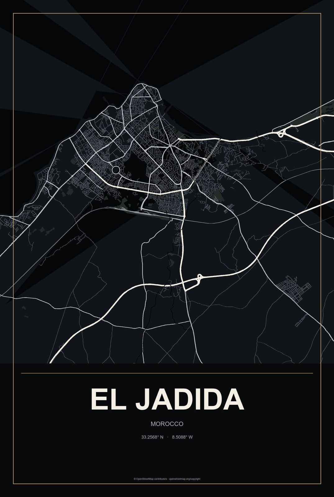El Jadida, Morocco City Map Aluminum Sign in Metropolitan Noir style