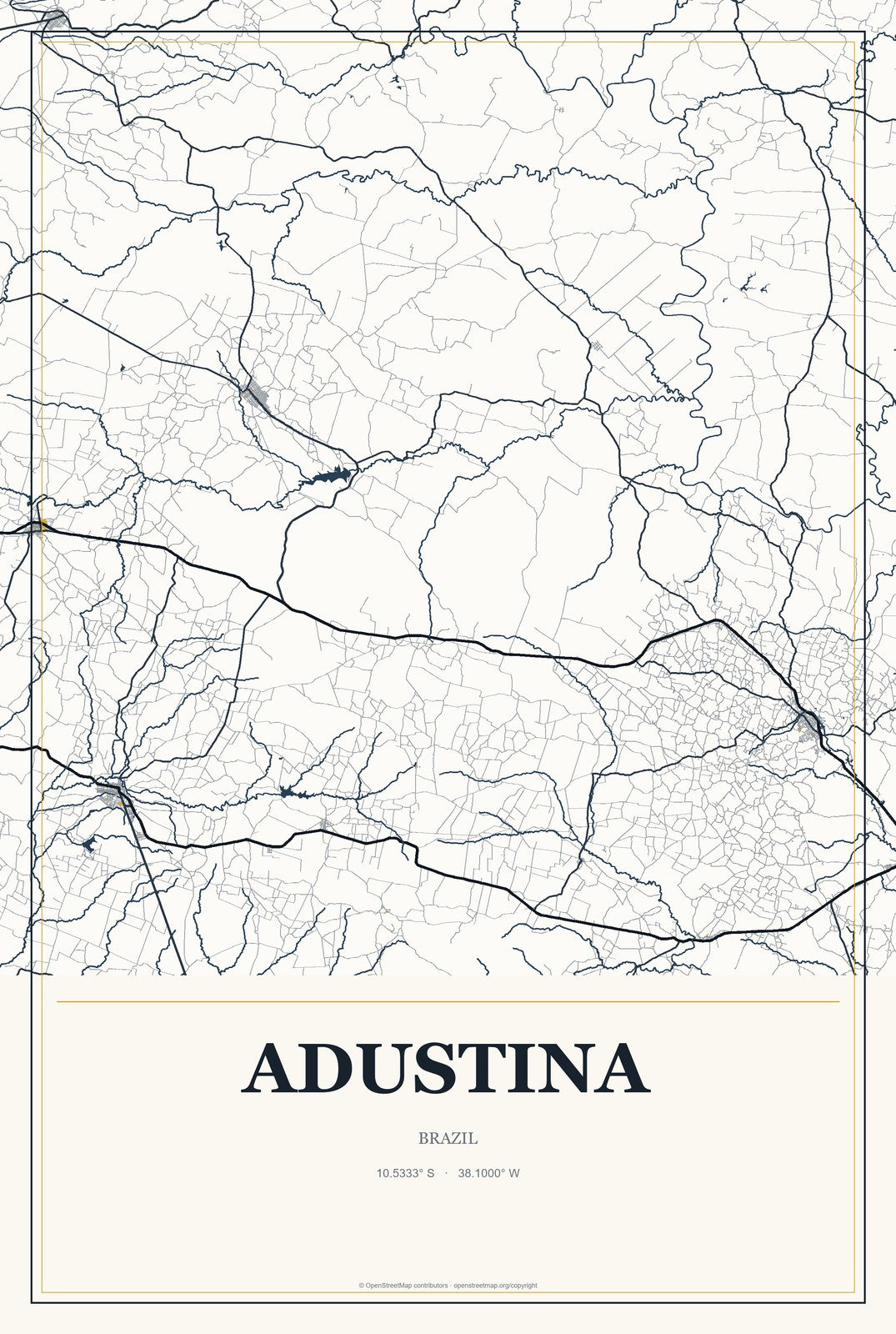 Adustina, Brazil City Map Aluminum Sign in Citrine Modern style
