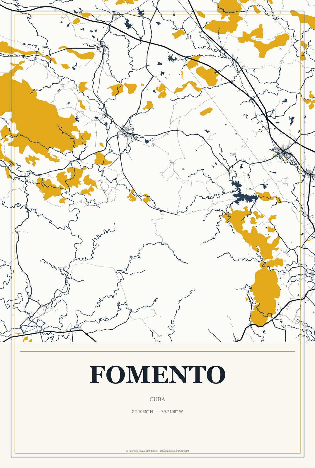 Fomento, Cuba City Map Aluminum Sign in Citrine Modern style
