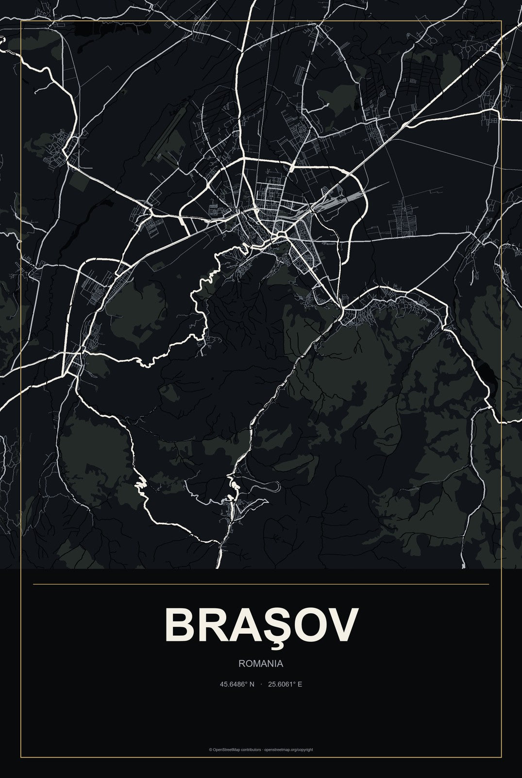 Braşov, Romania City Map Aluminum Sign in Metropolitan Noir style