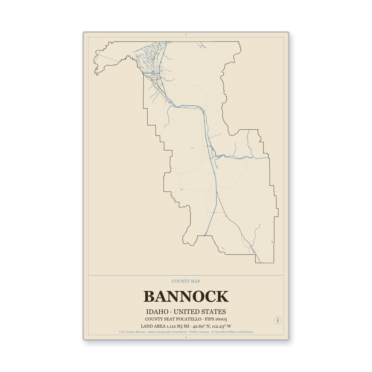 Bannock County, Idaho Map Aluminum Sign in Heritage Nautical style
