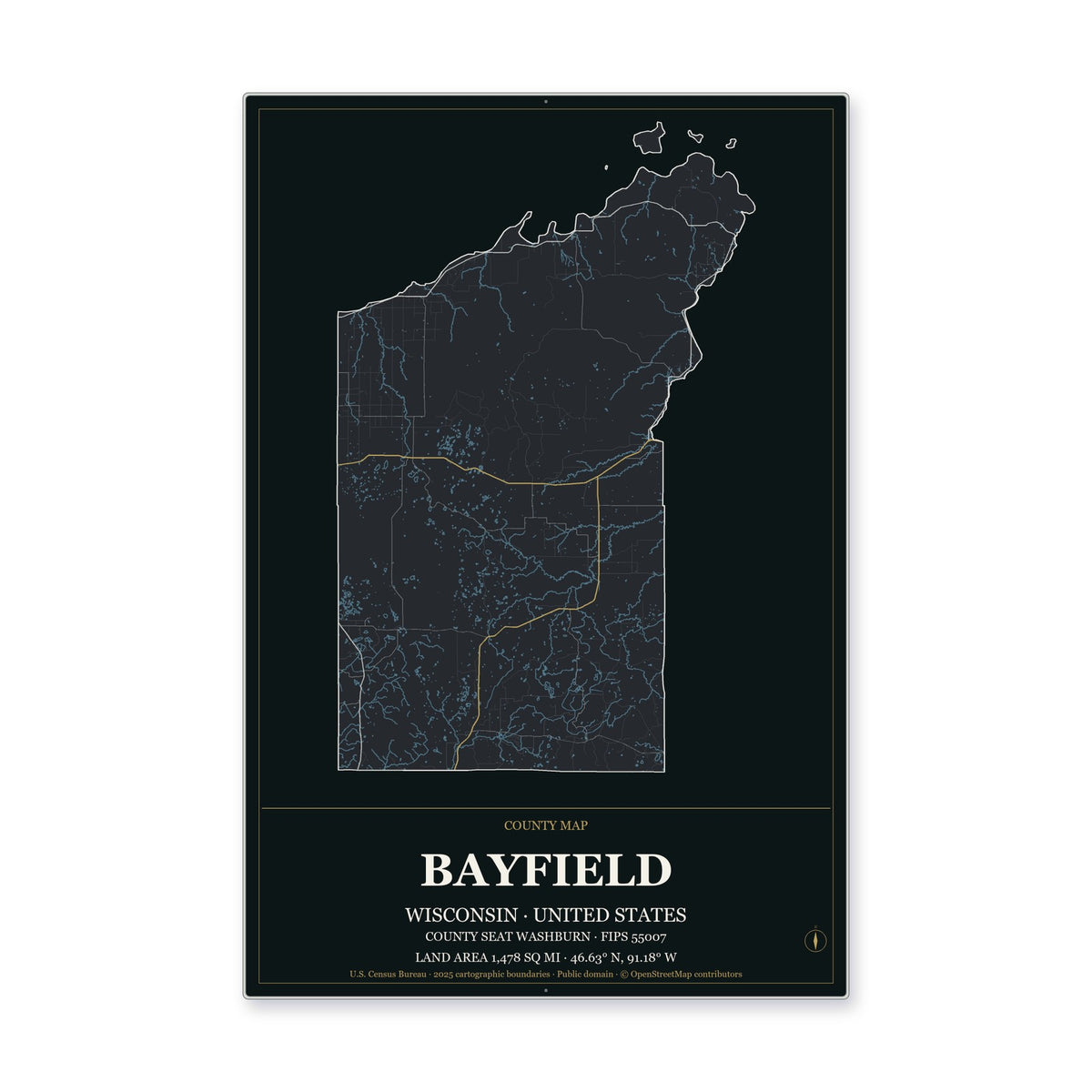 Bayfield County, Wisconsin Map Aluminum Sign in Metropolitan Noir style