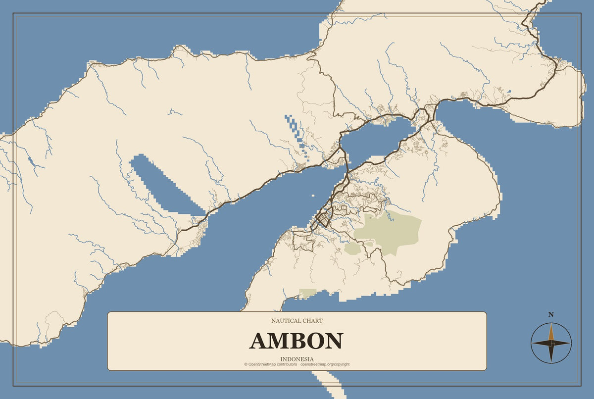 Ambon, Indonesia City Map Aluminum Sign in Heritage Nautical style