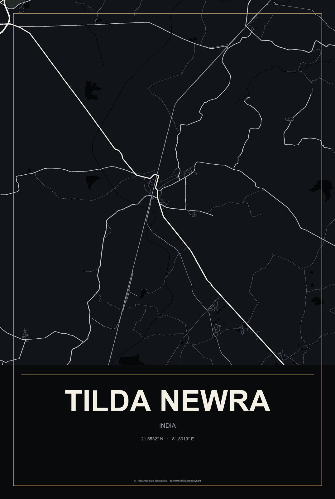 Tilda Newra, India City Map Aluminum Sign in Metropolitan Noir style