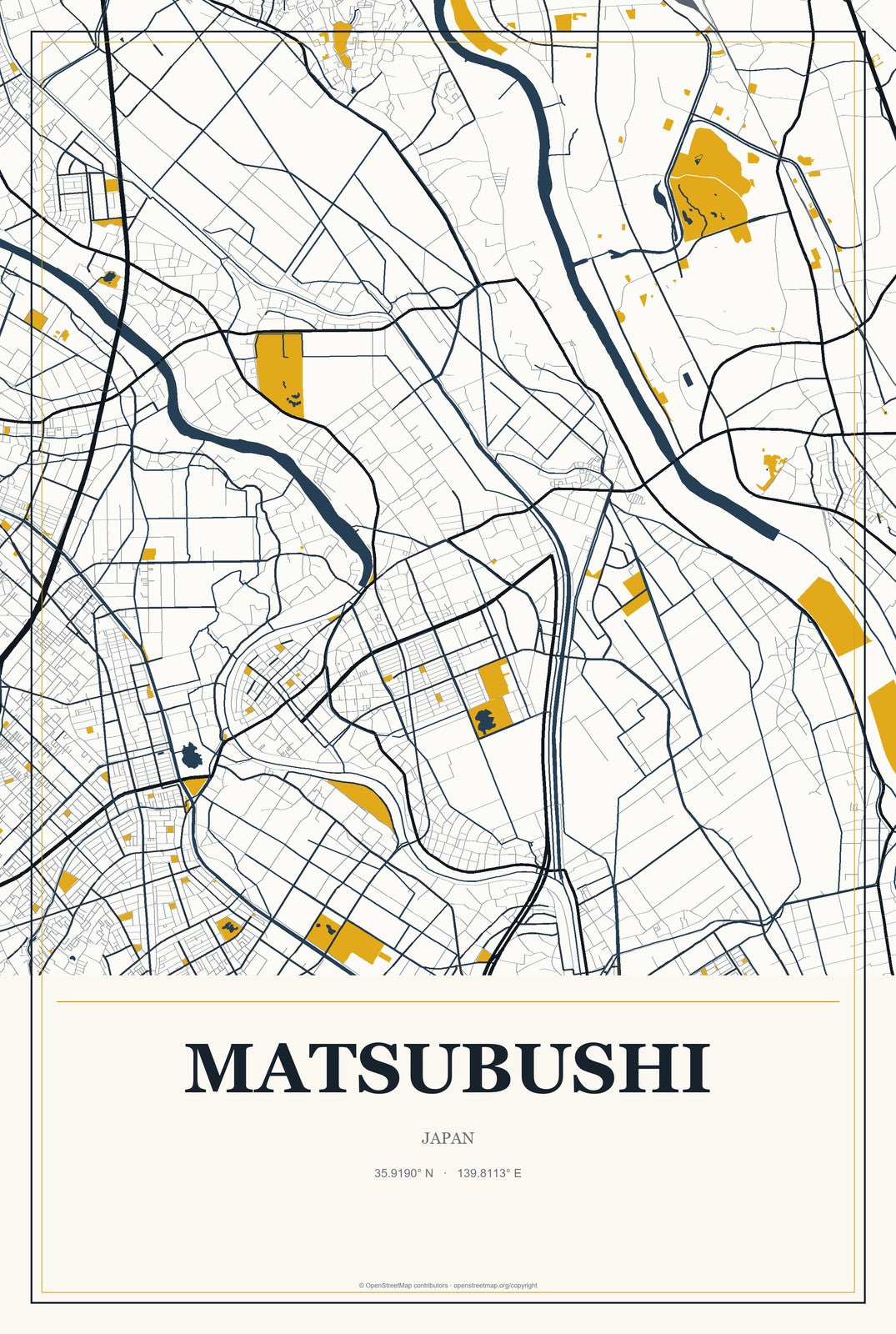 Matsubushi, Japan City Map Aluminum Sign in Citrine Modern style