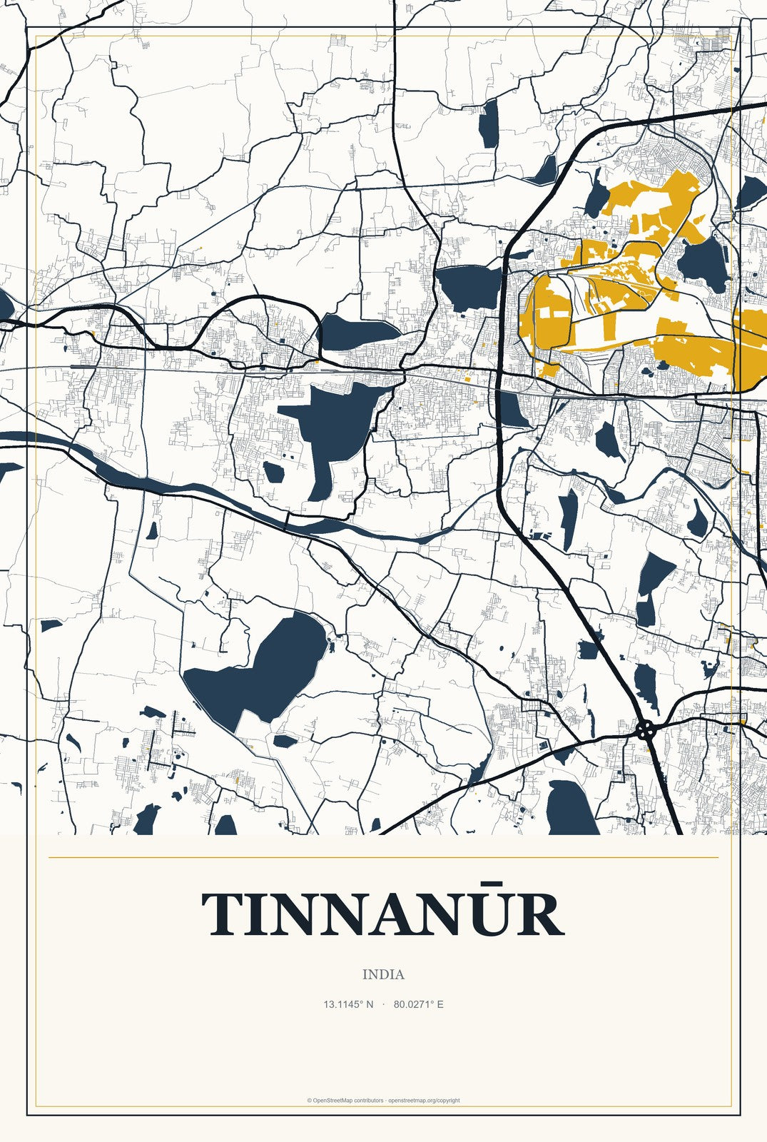 Tinnanūr, India City Map Aluminum Sign in Citrine Modern style