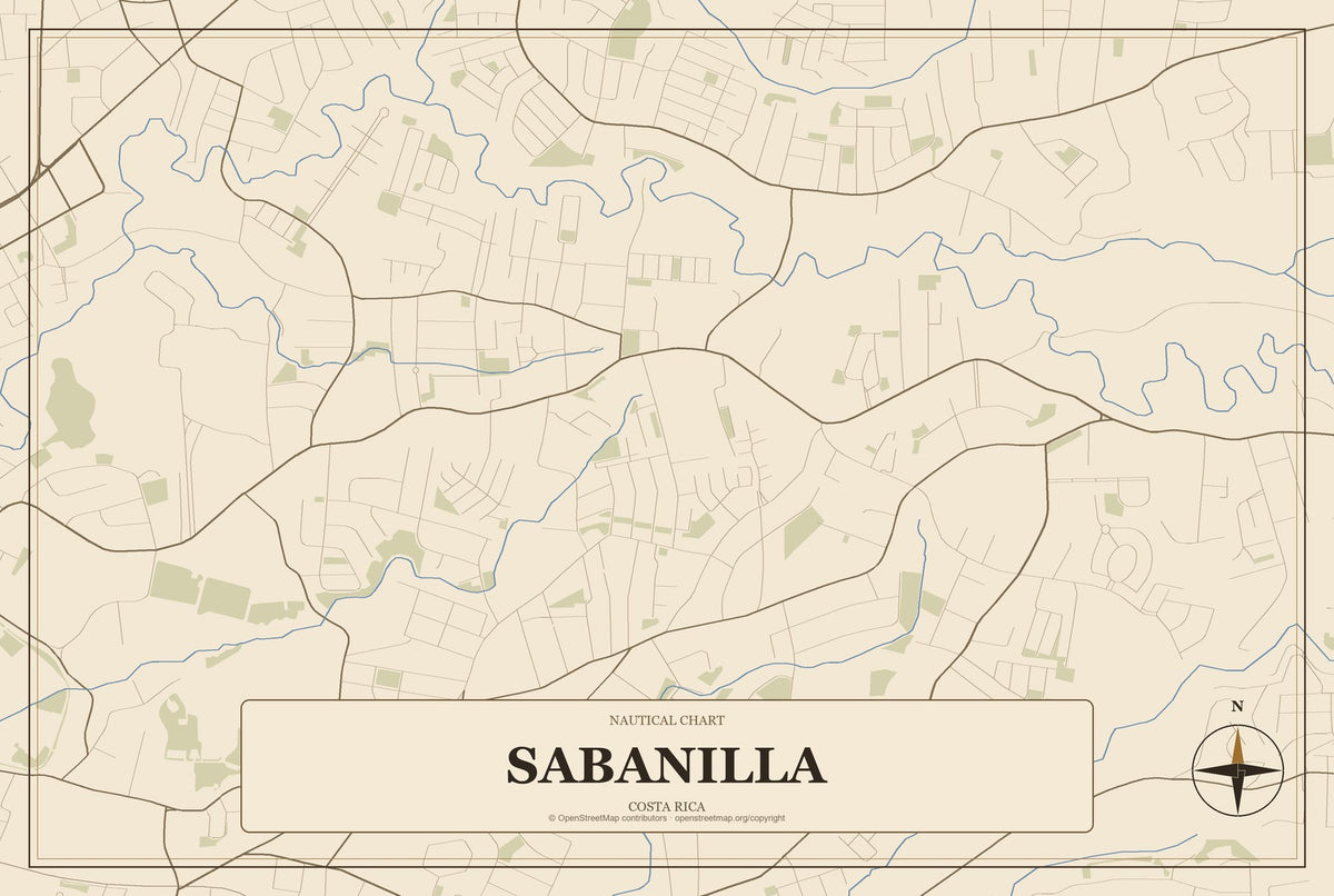Sabanilla, Costa Rica City Map Aluminum Sign in Heritage Nautical style