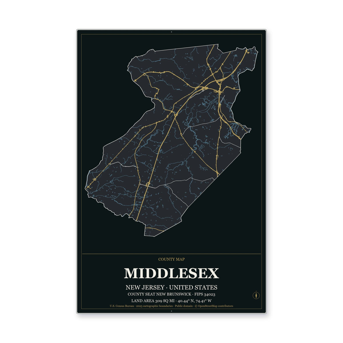 Middlesex County, New Jersey Map Aluminum Sign in Metropolitan Noir style