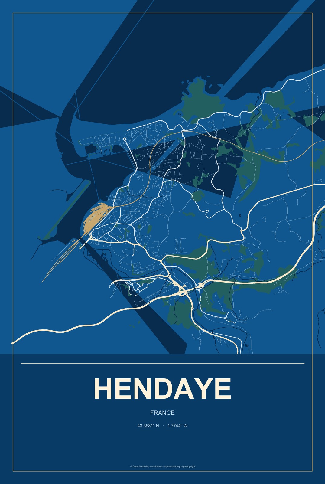 Hendaye, France City Map Aluminum Sign in Harbor Cobalt style