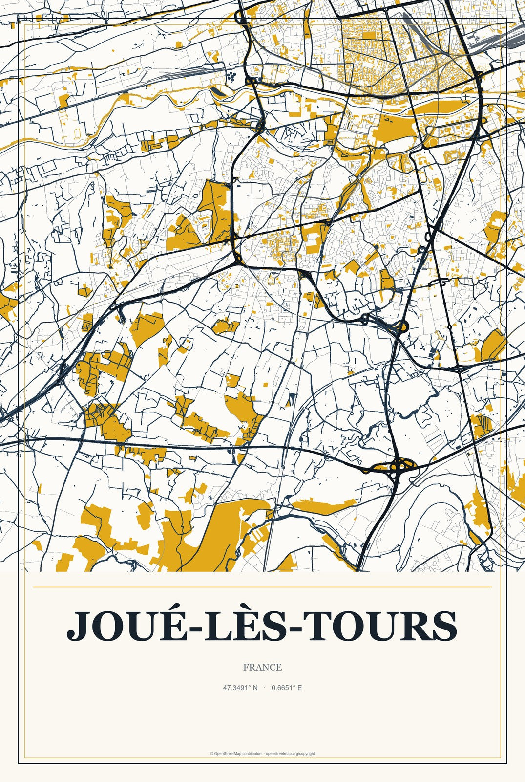Joué-lès-Tours, France City Map Aluminum Sign in Citrine Modern style