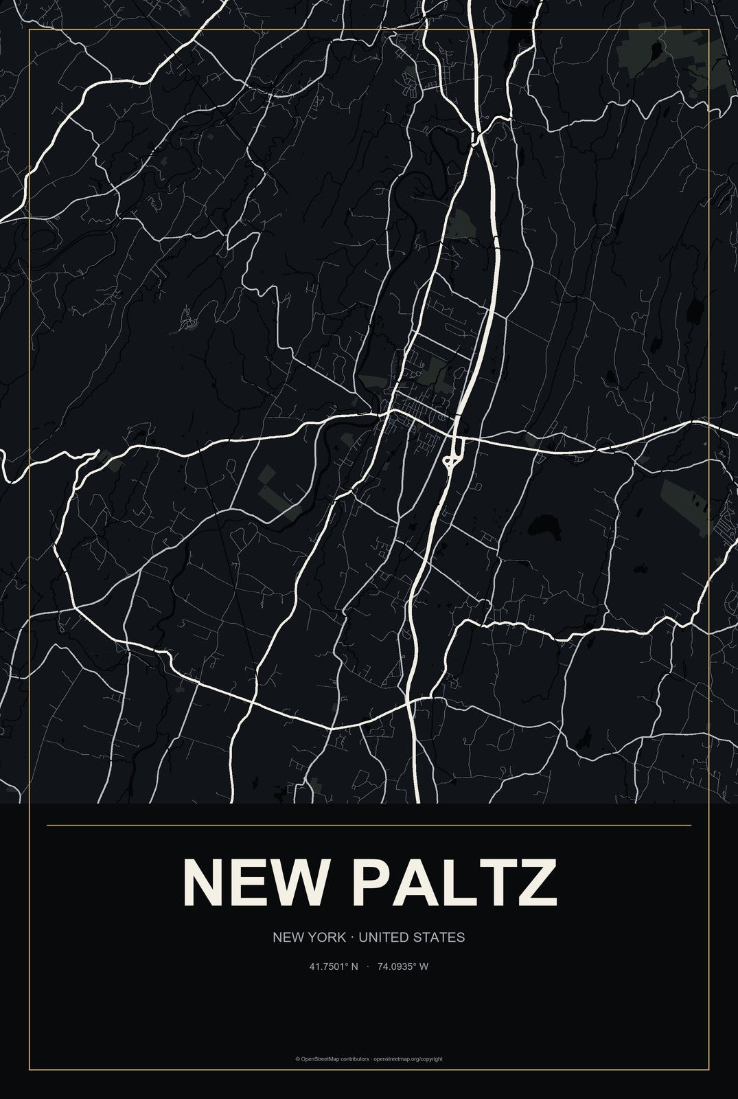 New Paltz, New York City Map Aluminum Sign in Metropolitan Noir style
