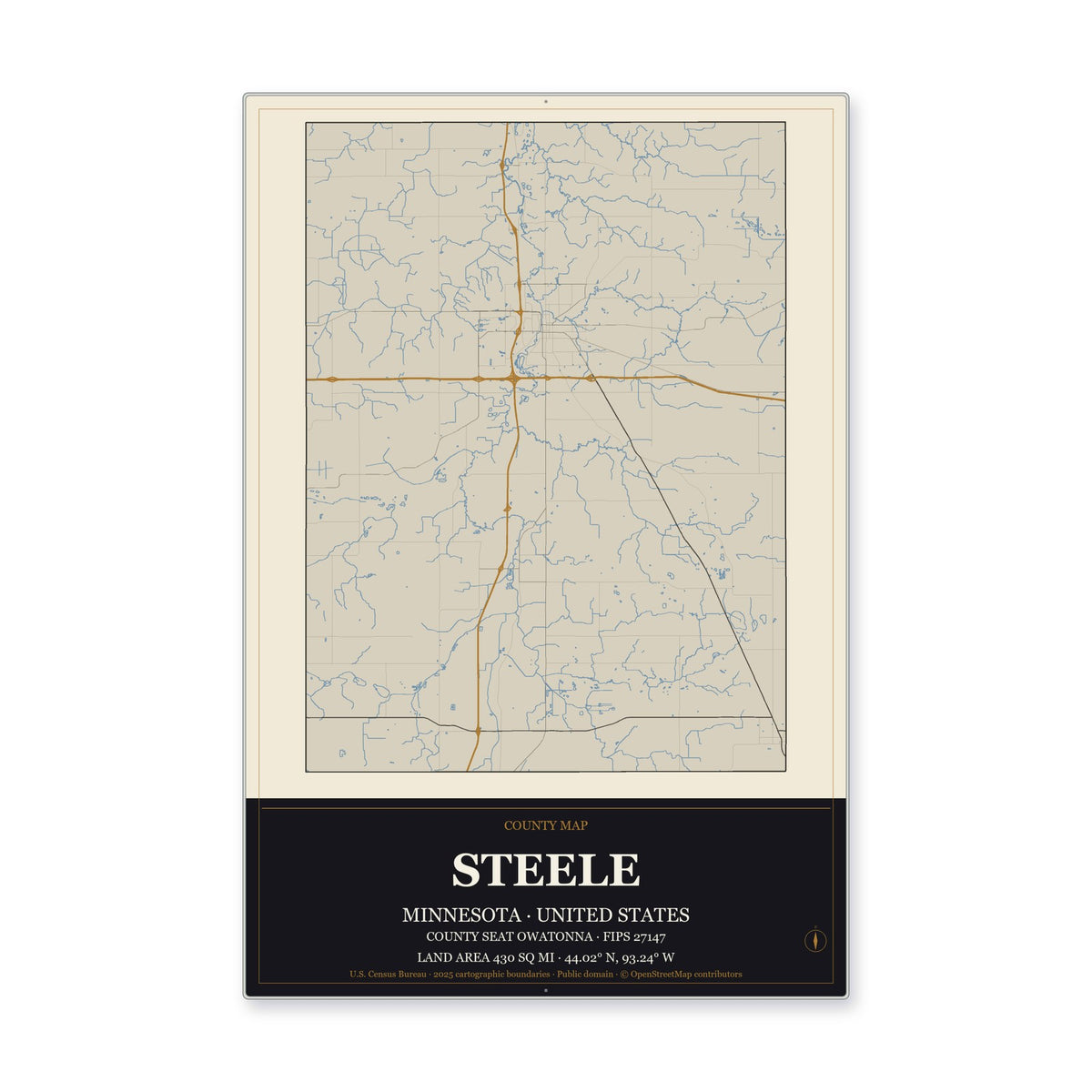 Steele County, Minnesota Map Aluminum Sign in Museum Plaque style