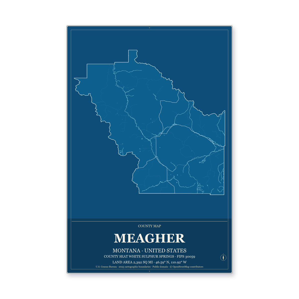 Meagher County, Montana Map Aluminum Sign in Harbor Cobalt style