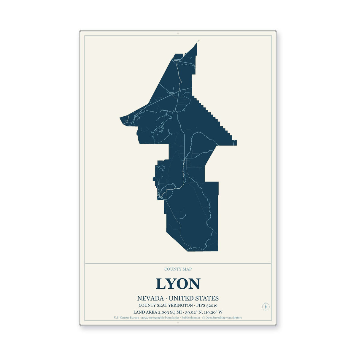 Lyon County, Nevada Map Aluminum Sign in Coastal Cutout style